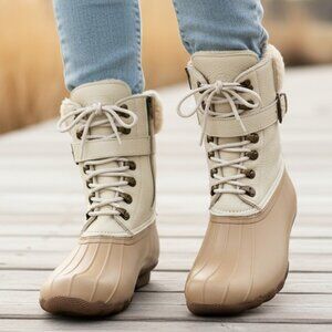 Sperry Shearwater Womens Leather Buckle Duck Boots Tan Beige Sherpa Lined Sz 10M